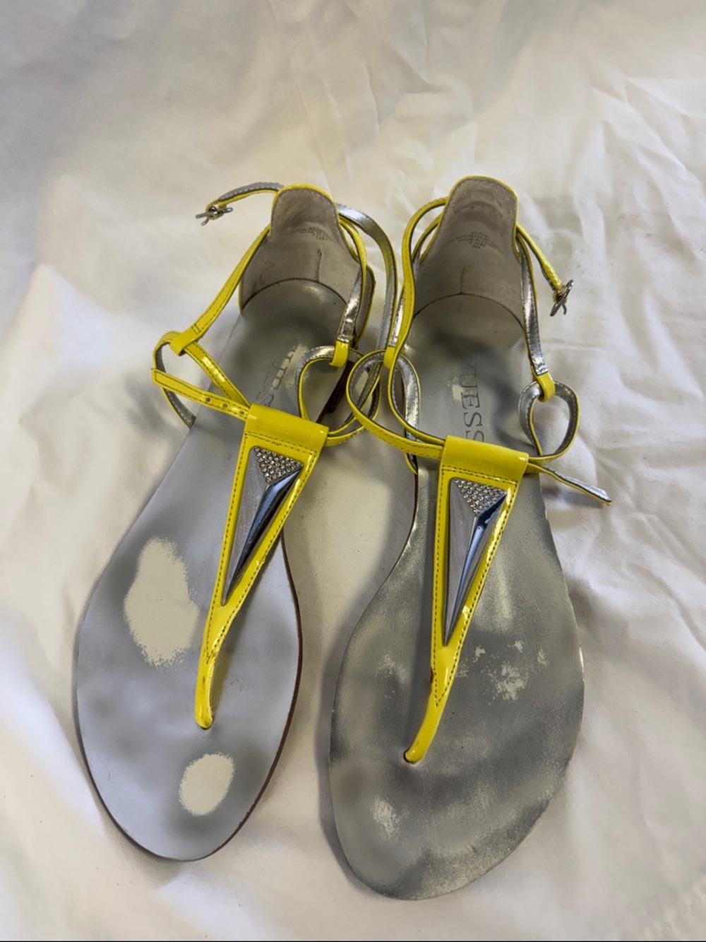 Guess Yellow and Silver T-Strap Flat Sandals